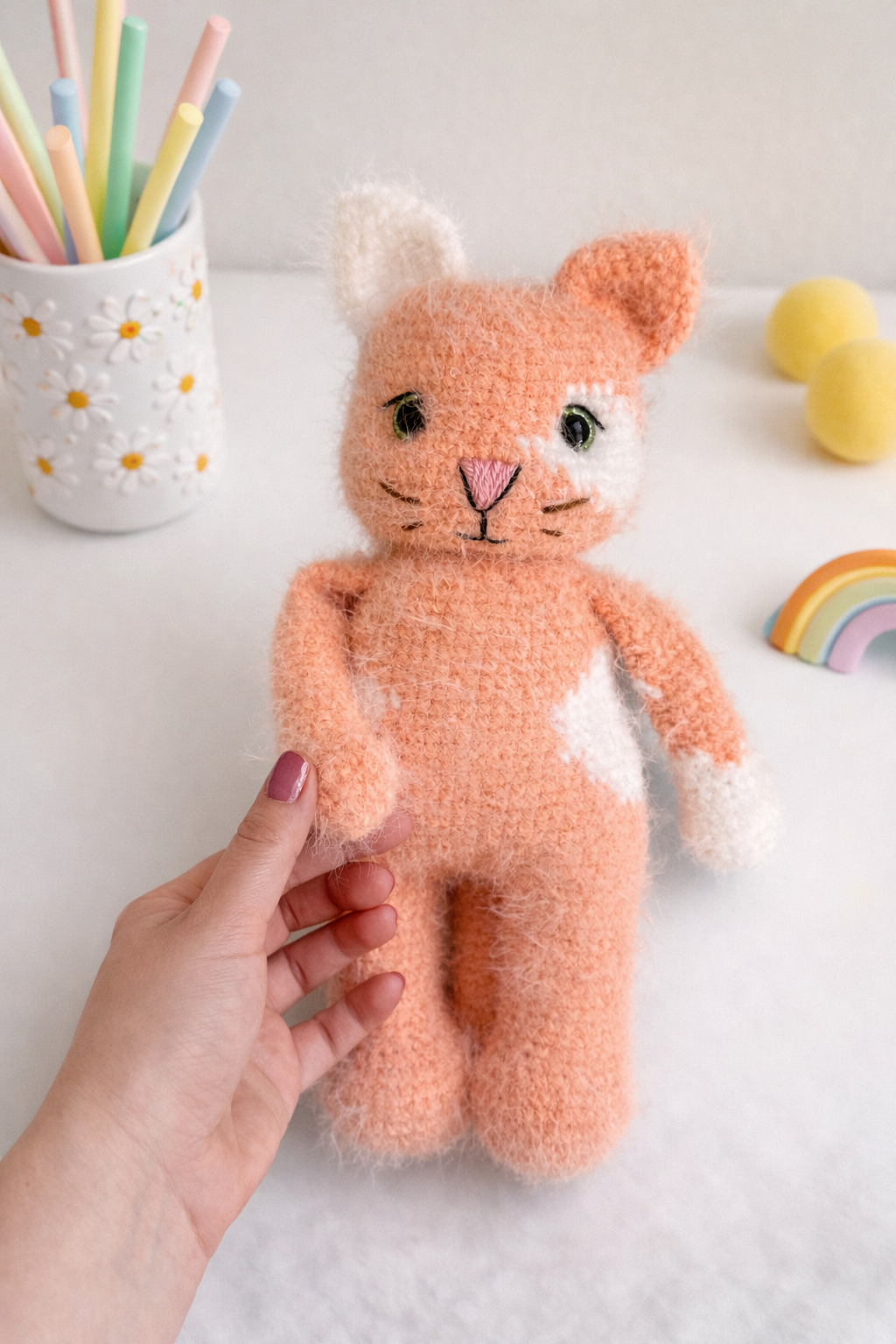 Fluffy Cashmere Yarn Cat - Handmade Comfort Toy (34cm)