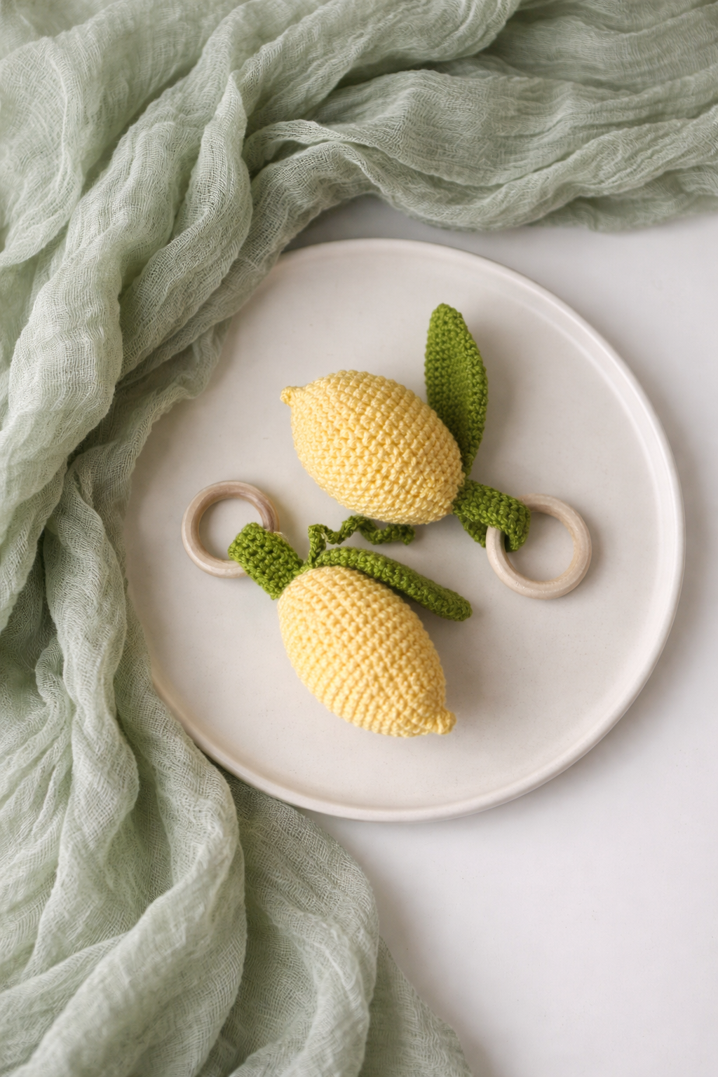 Crochet Lemon Toy with Wooden Ring