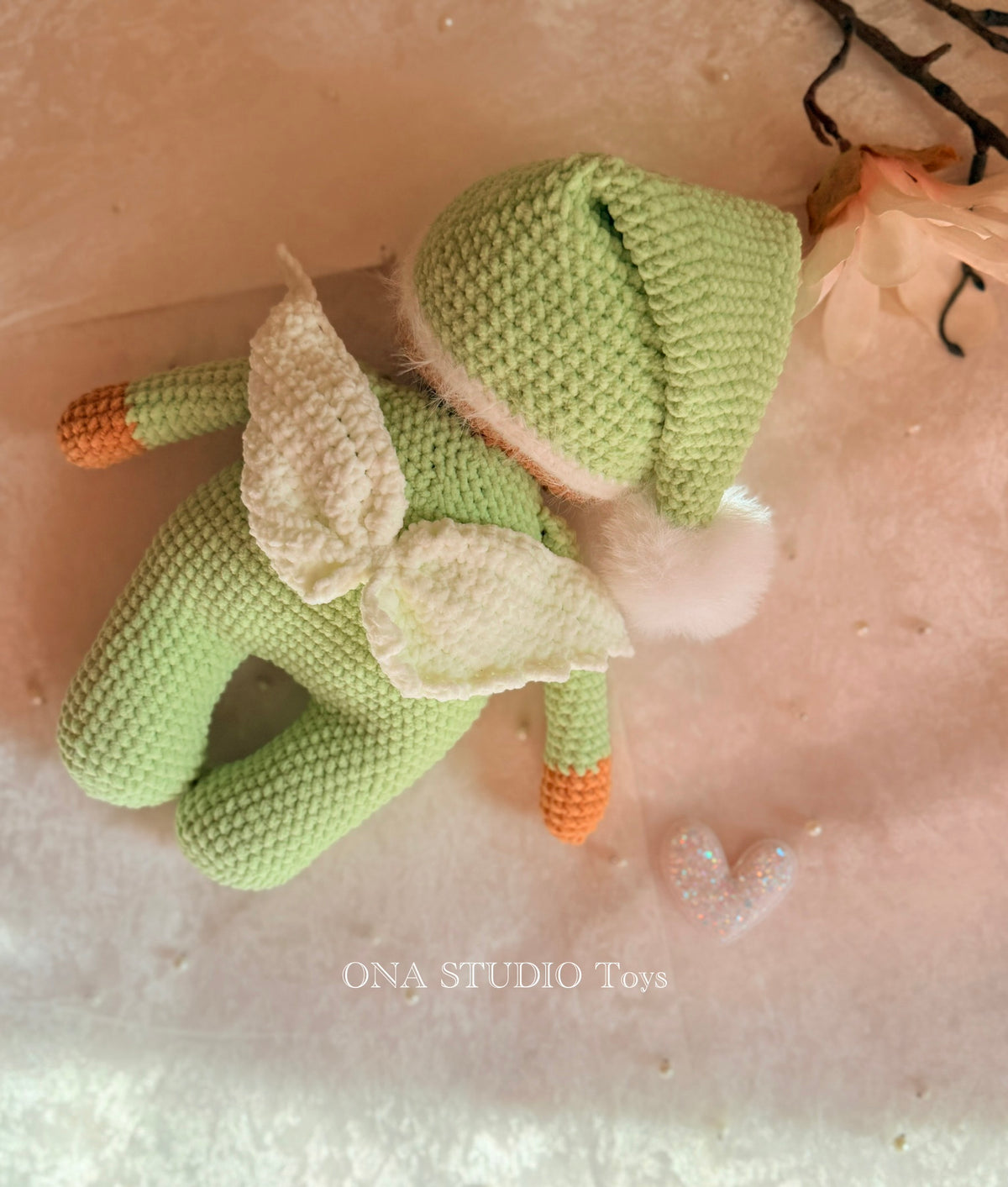 Sage Green Velvet Sleeping Angel - Handmade Crochet Doll