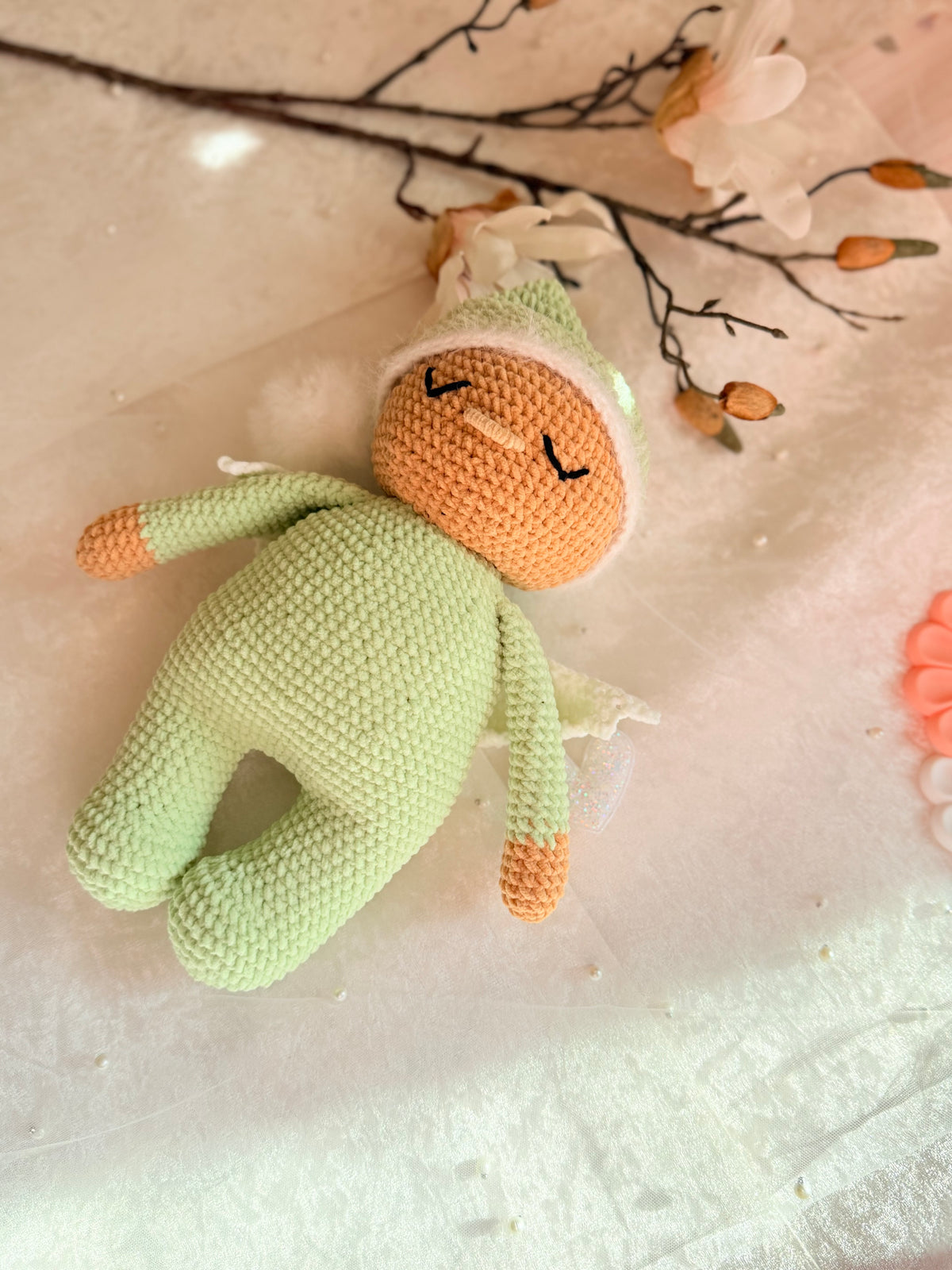 Sage Green Velvet Sleeping Angel - Handmade Crochet Doll
