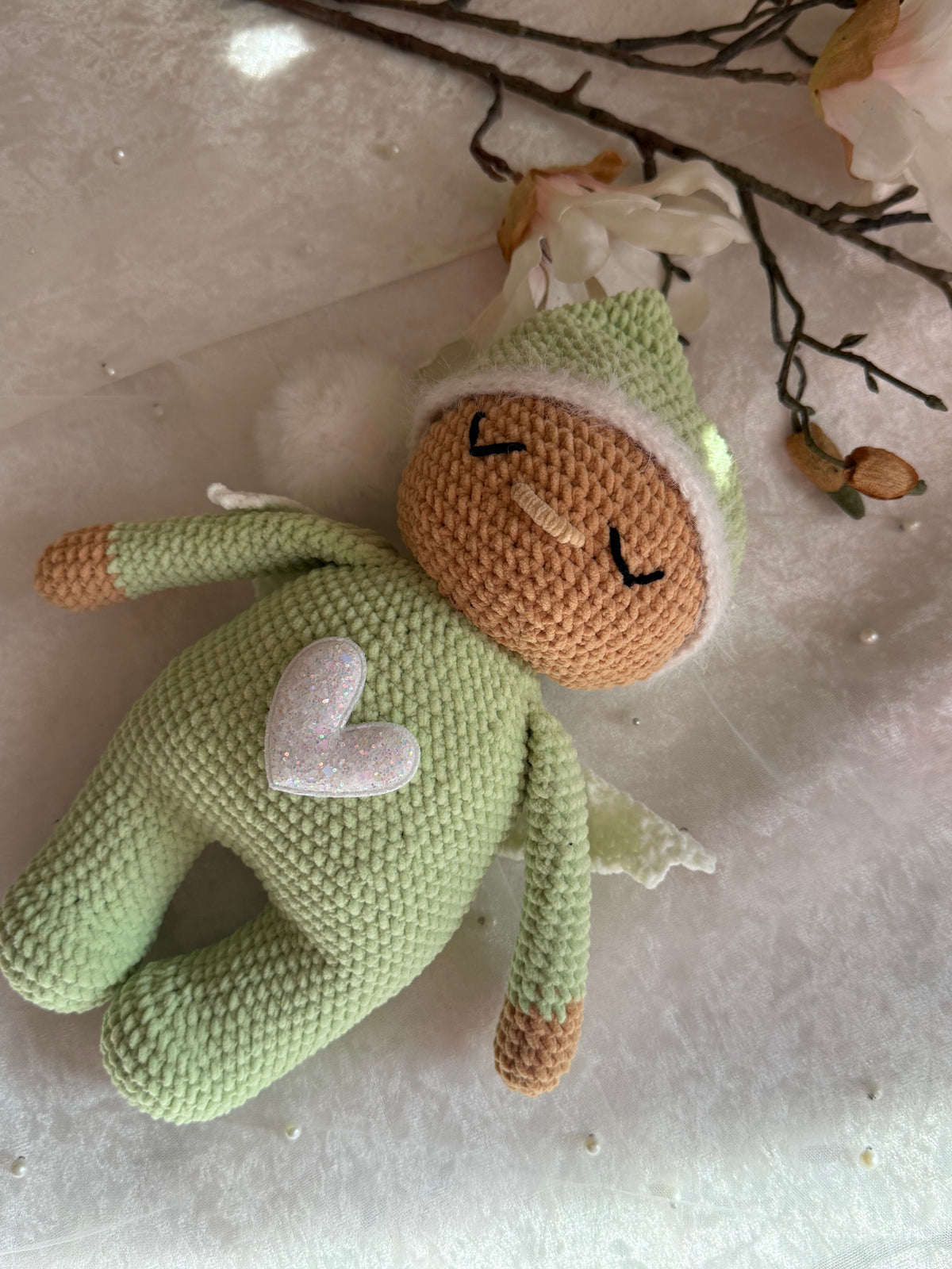 Sage Green Velvet Sleeping Angel - Handmade Crochet Doll