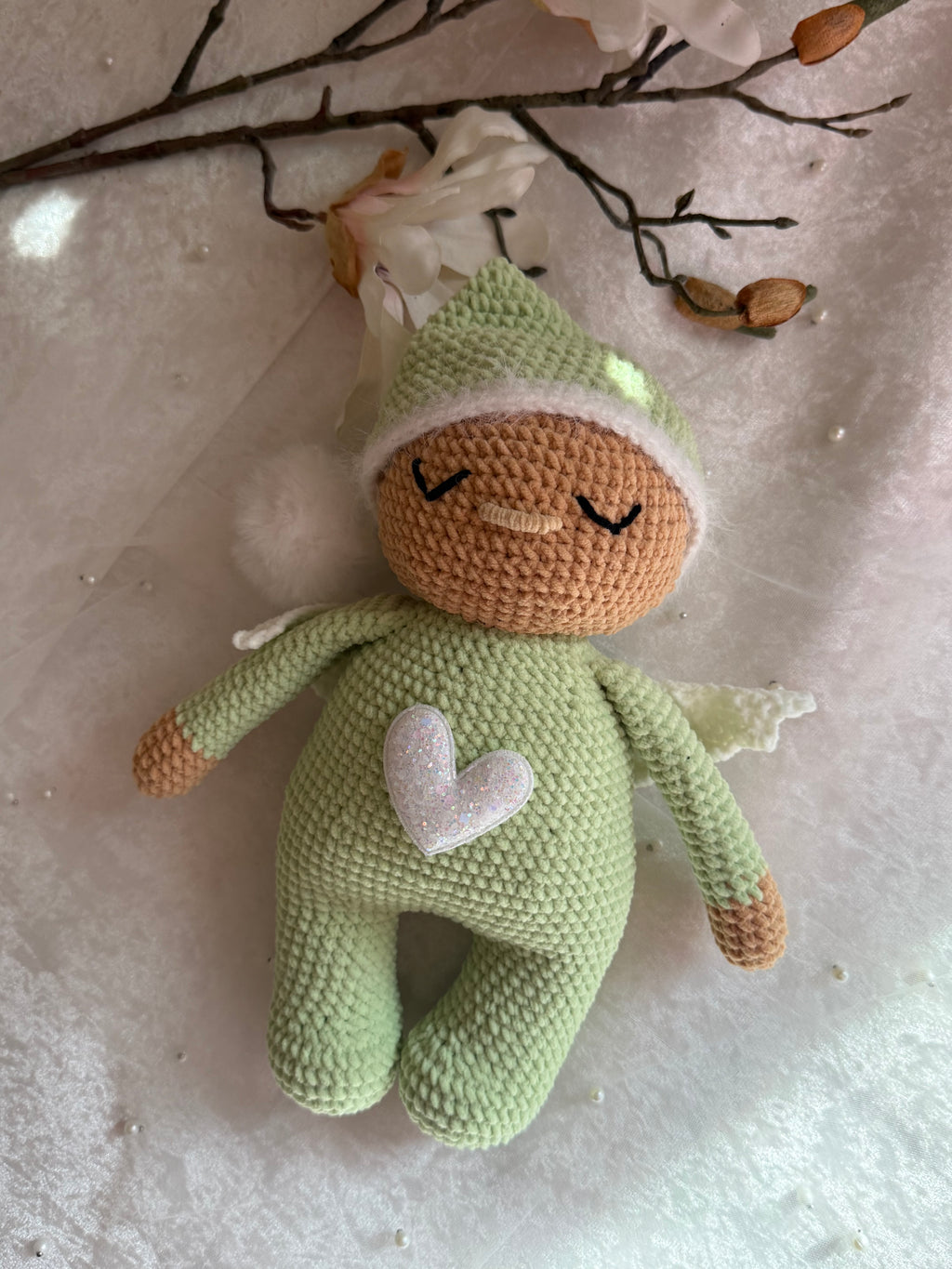 Sage Green Velvet Sleeping Angel - Handmade Crochet Doll