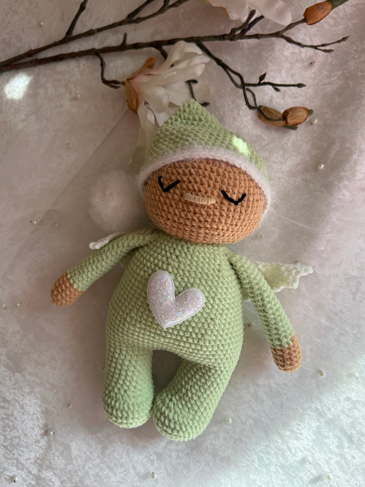 Sage Green Velvet Sleeping Angel - Handmade Crochet Doll