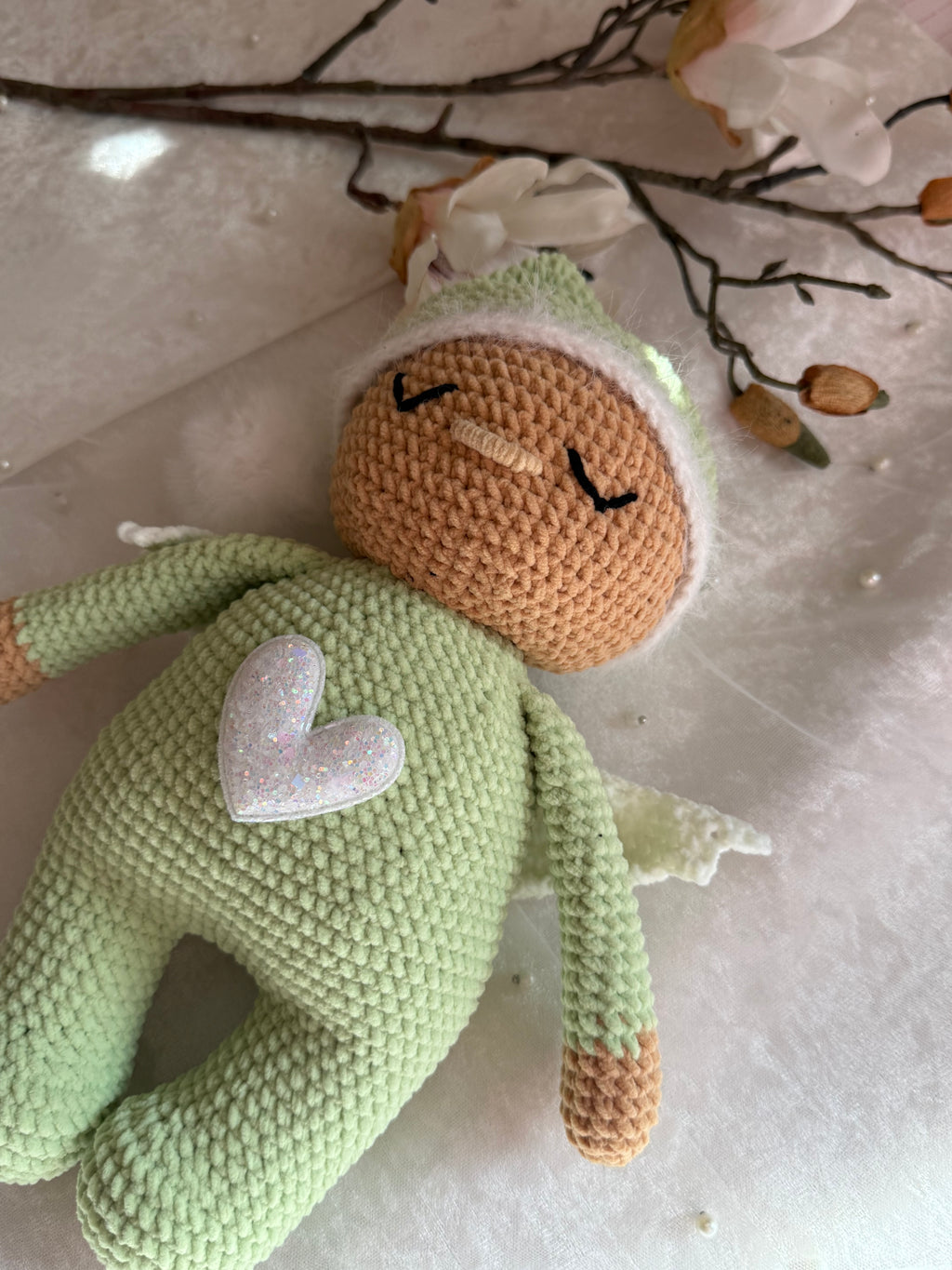Sage Green Velvet Sleeping Angel - Handmade Crochet Doll