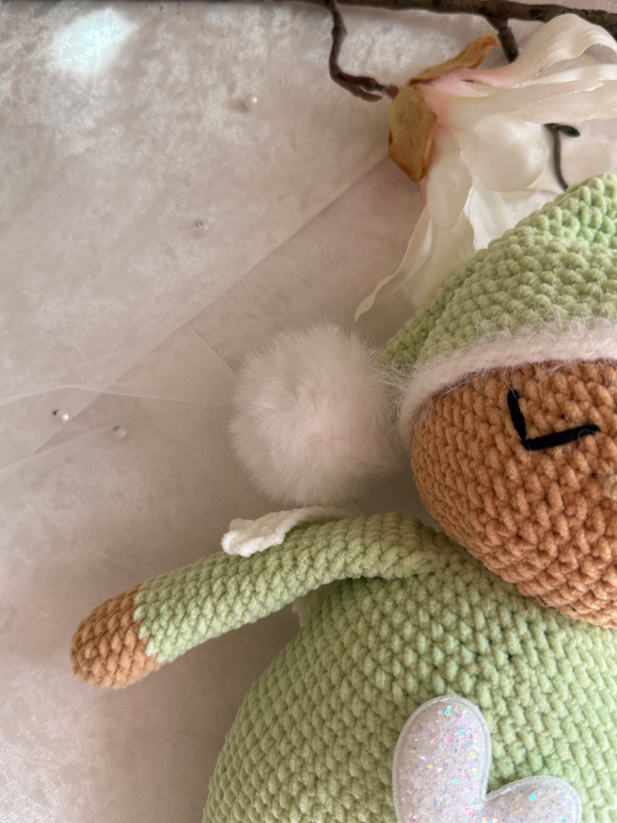 Sage Green Velvet Sleeping Angel - Handmade Crochet Doll
