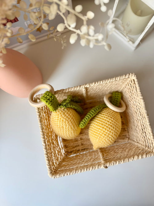 Crochet Lemon Toy with Wooden Ring
