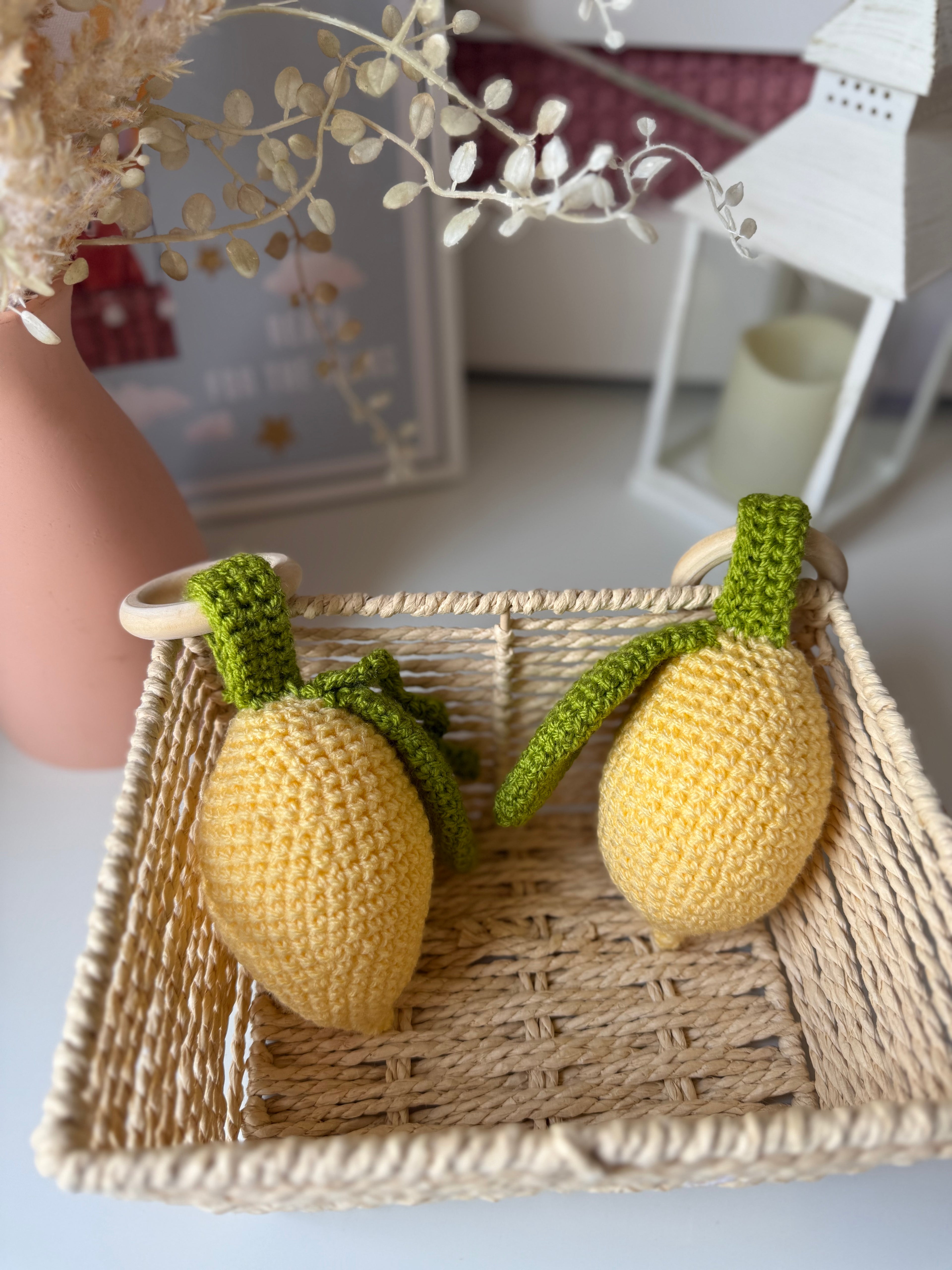 Crochet Lemon Toy with Wooden Ring