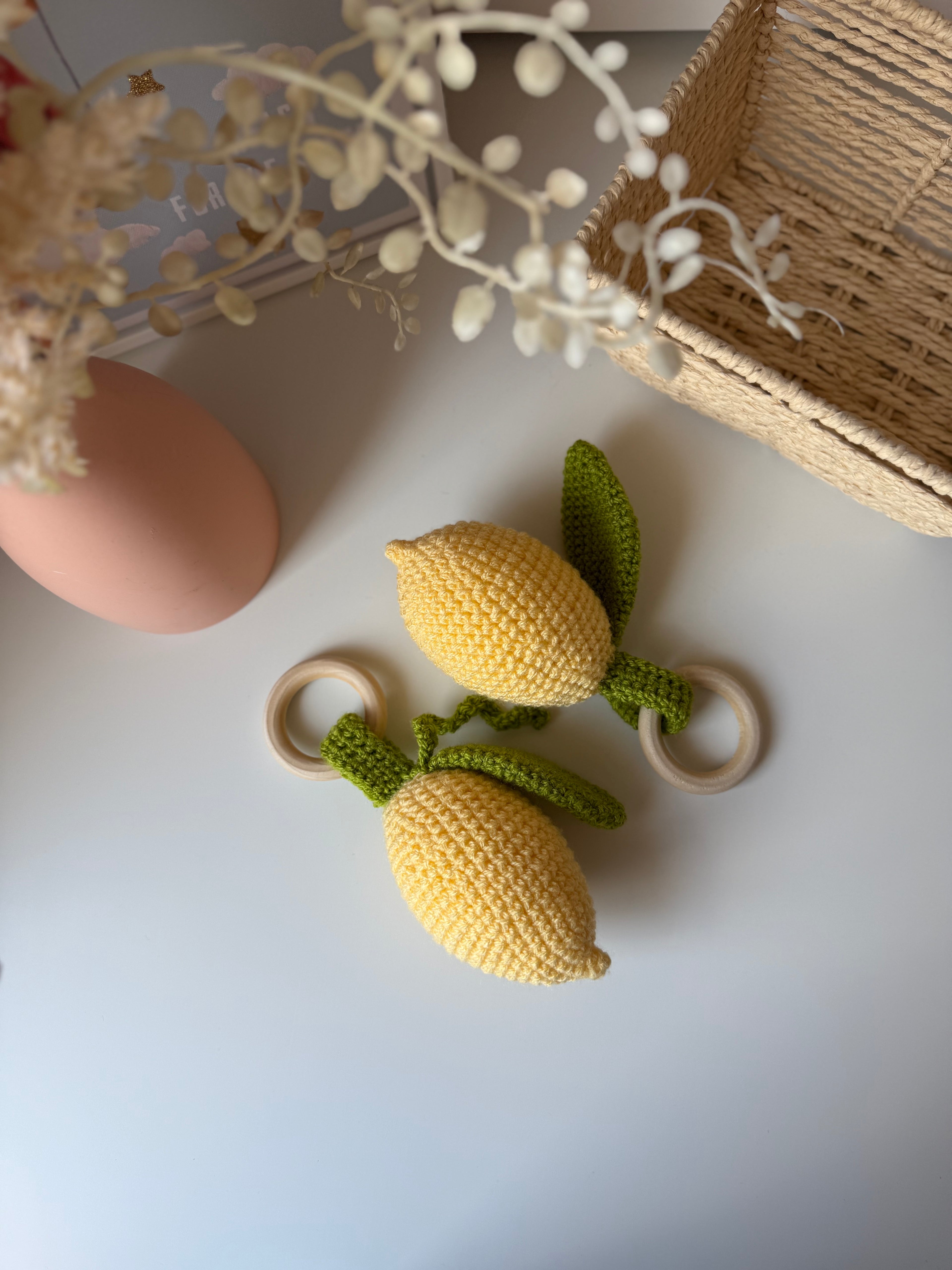 Crochet Lemon Toy with Wooden Ring