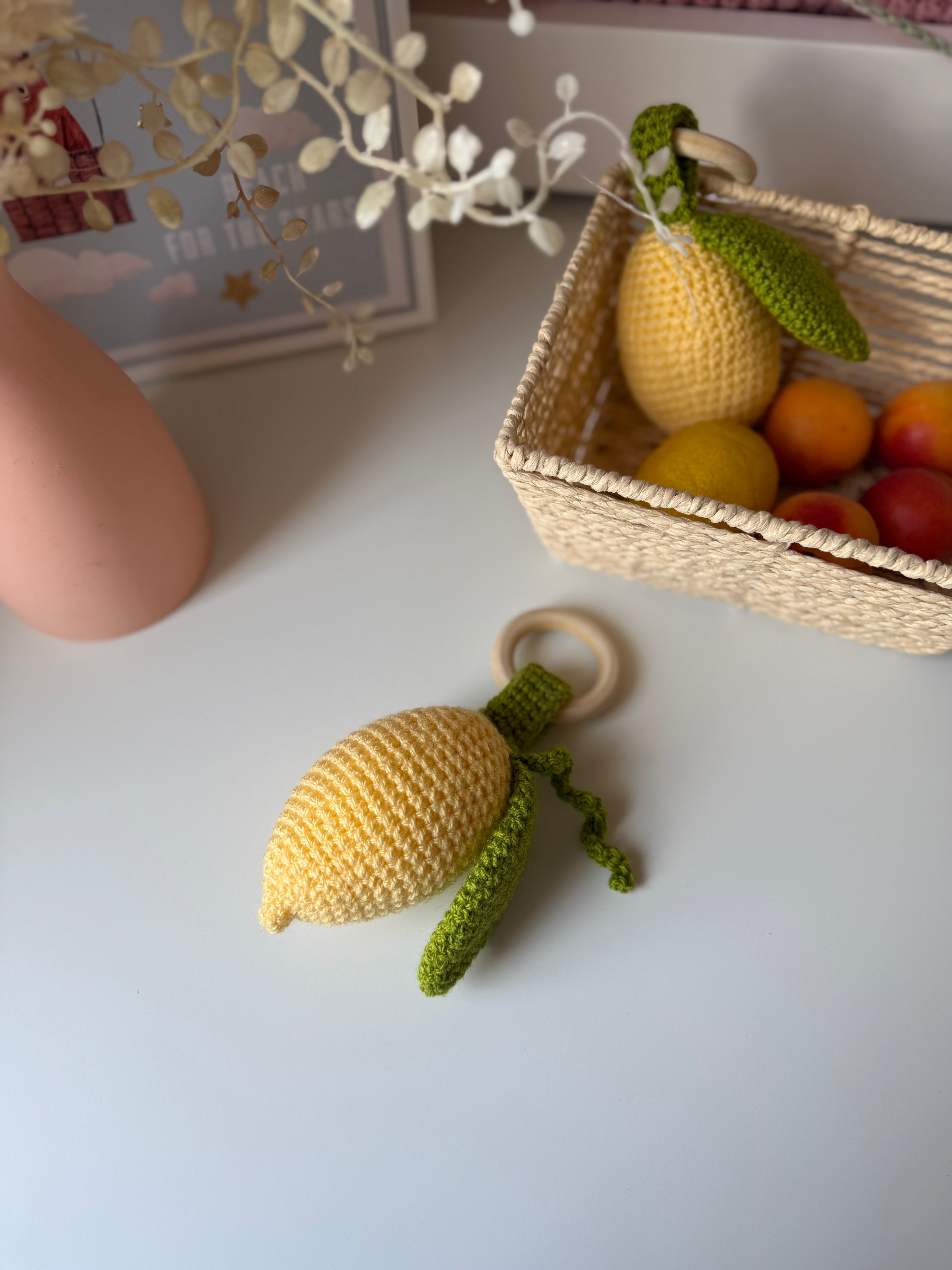 Crochet Lemon Toy with Wooden Ring