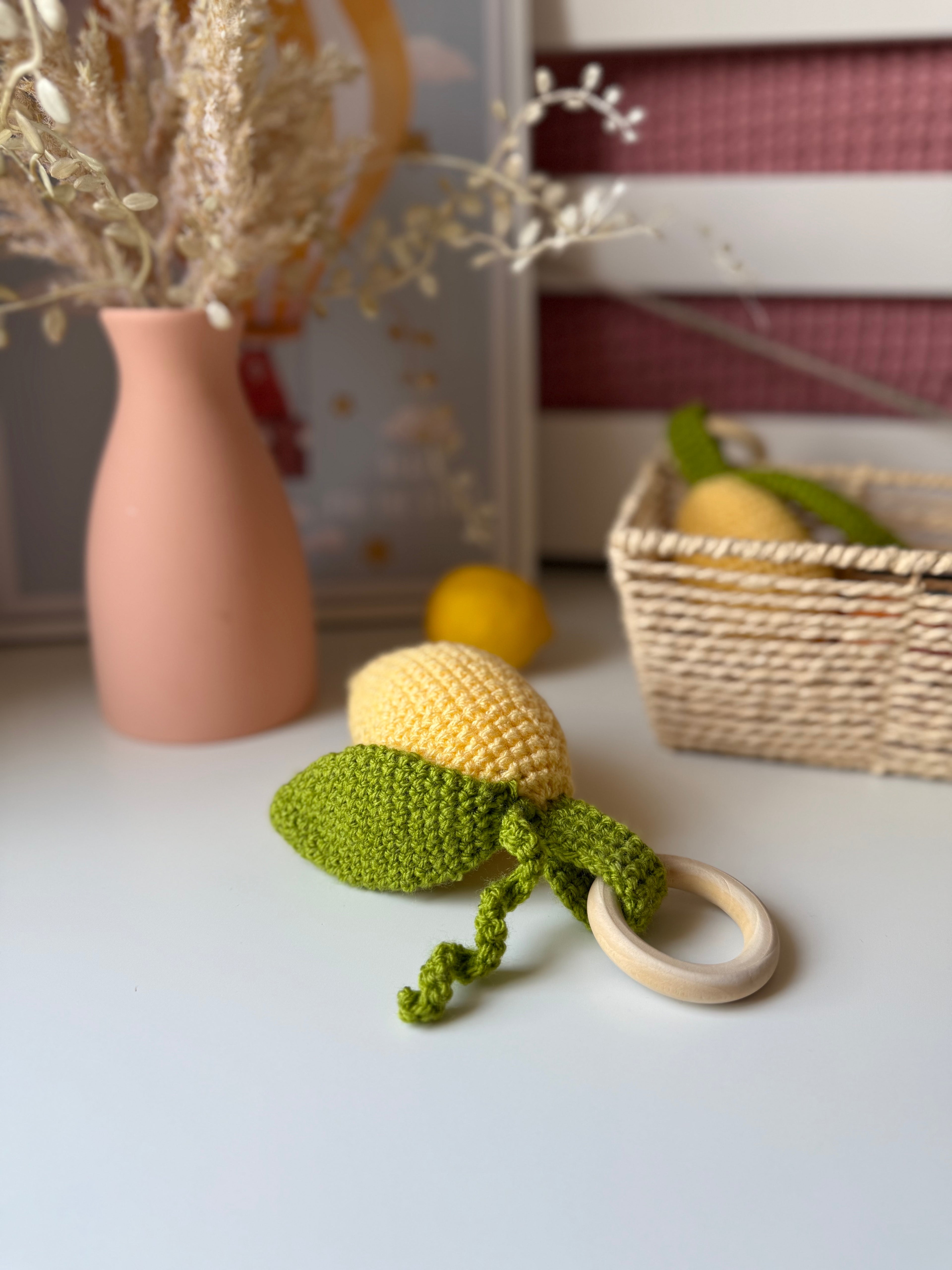 Crochet Lemon Toy with Wooden Ring