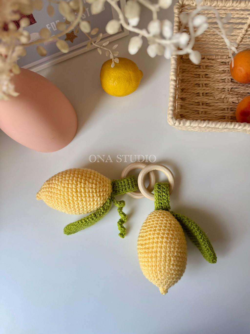 Crochet Lemon Toy with Wooden Ring