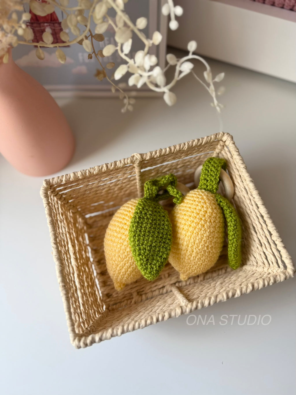 Crochet Lemon Toy with Wooden Ring