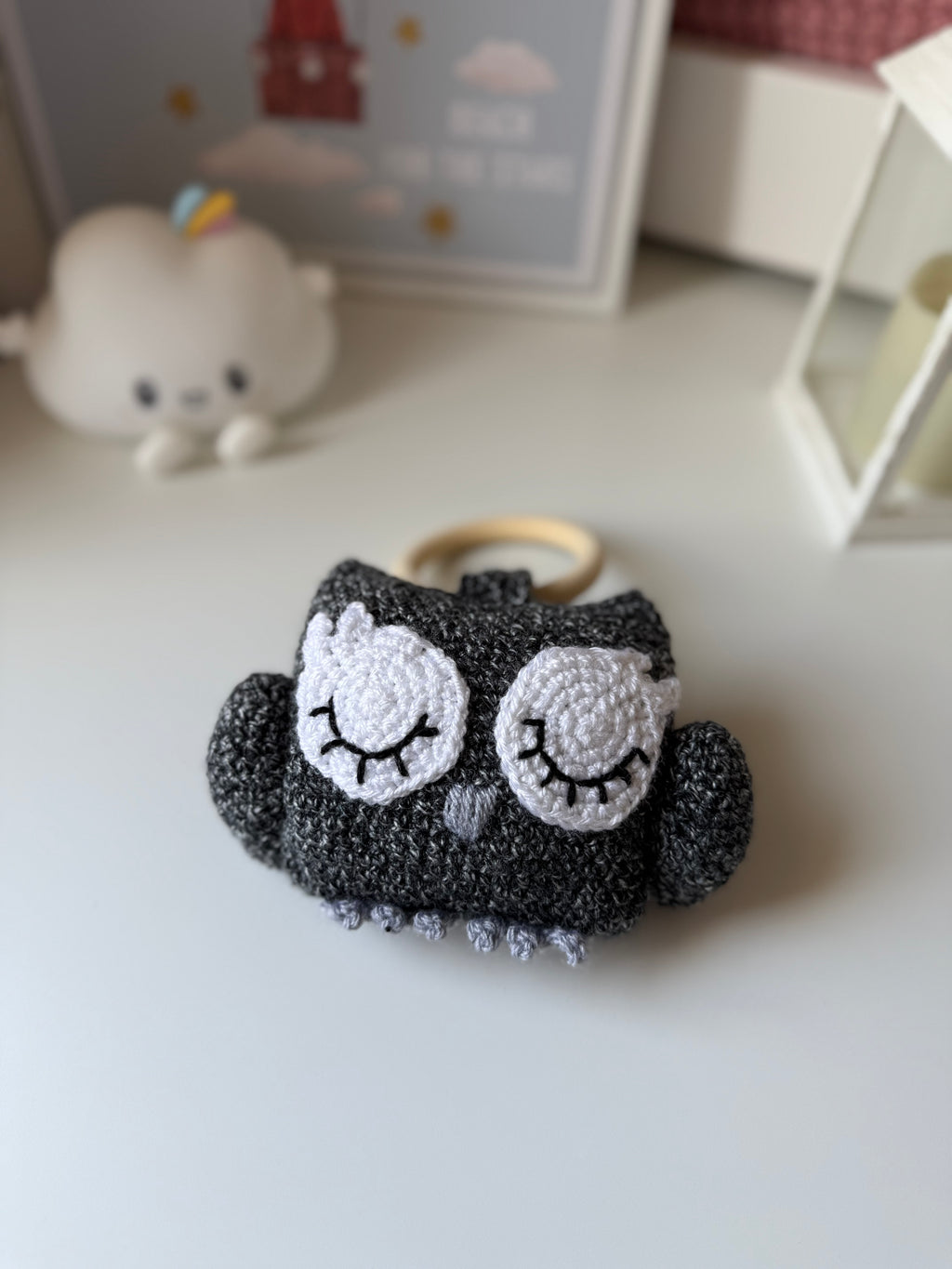 Sleepy Owl Crochet Toy with Wooden Ring