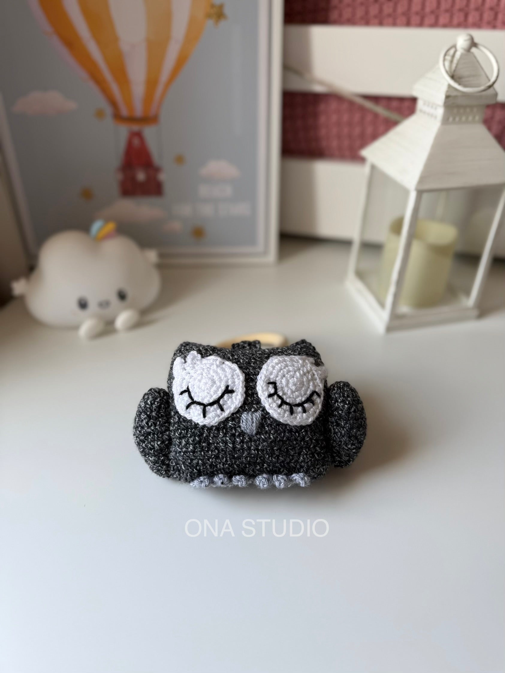 Sleepy Owl Crochet Toy with Wooden Ring