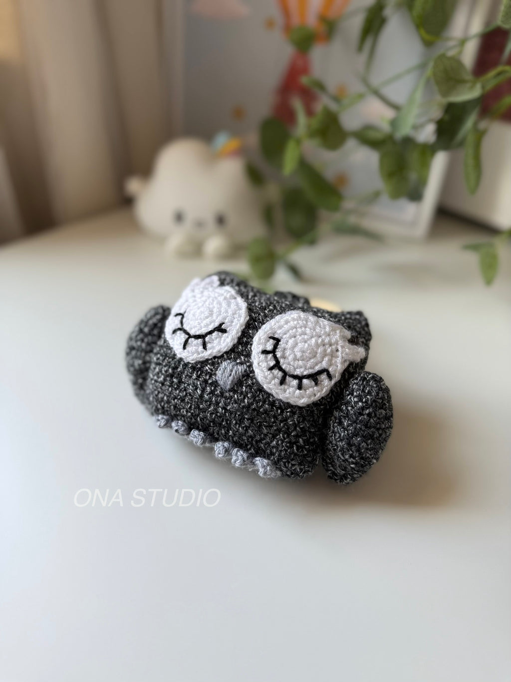 Sleepy Owl Crochet Toy with Wooden Ring