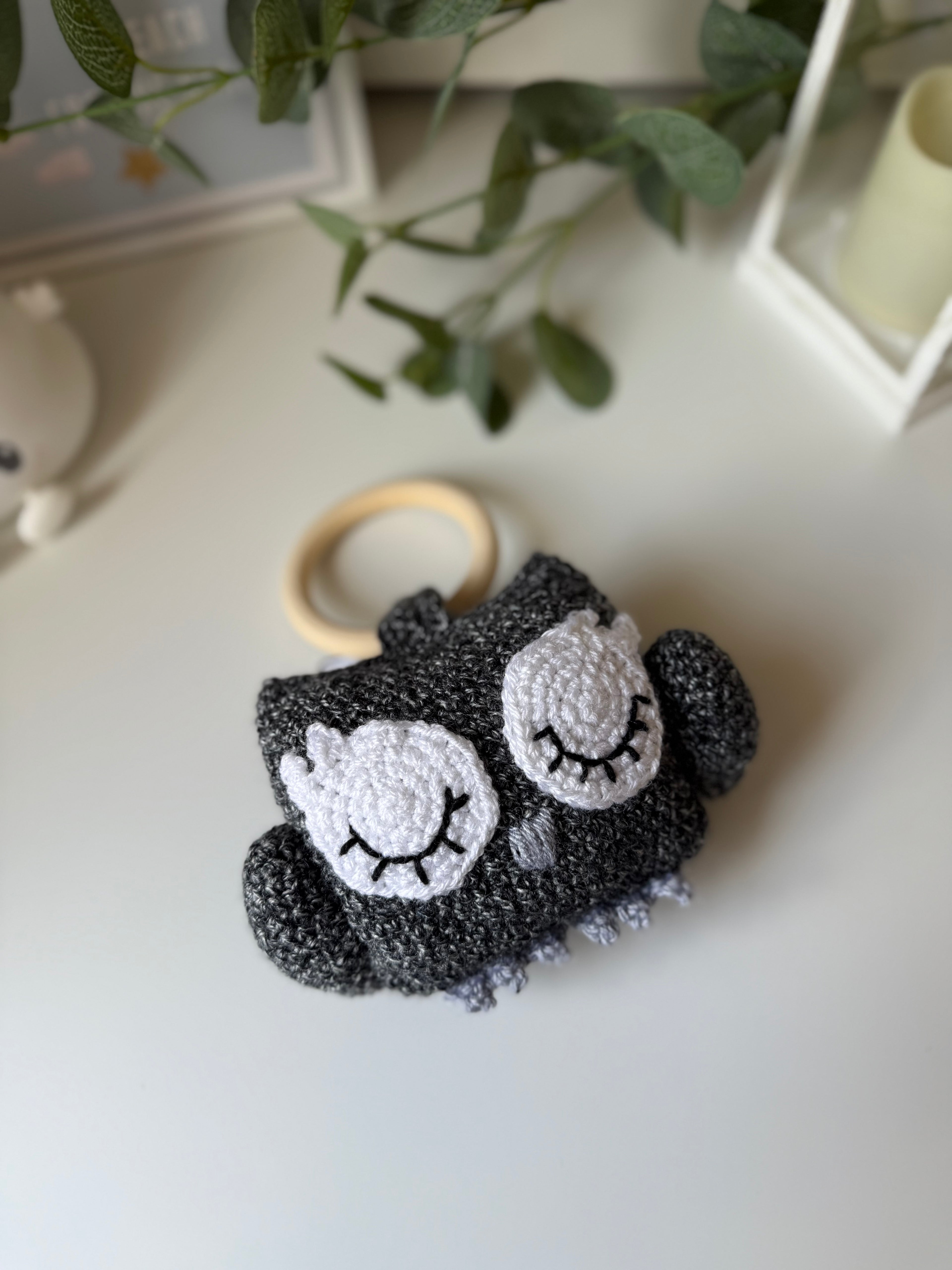 Sleepy Owl Crochet Toy with Wooden Ring