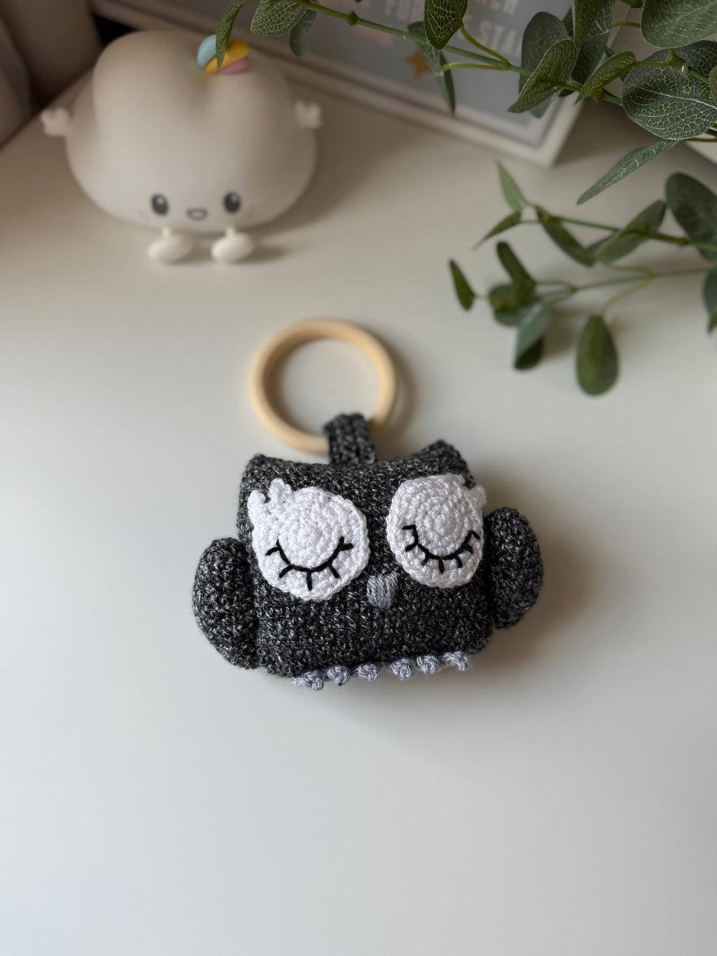 Sleepy Owl Crochet Toy with Wooden Ring