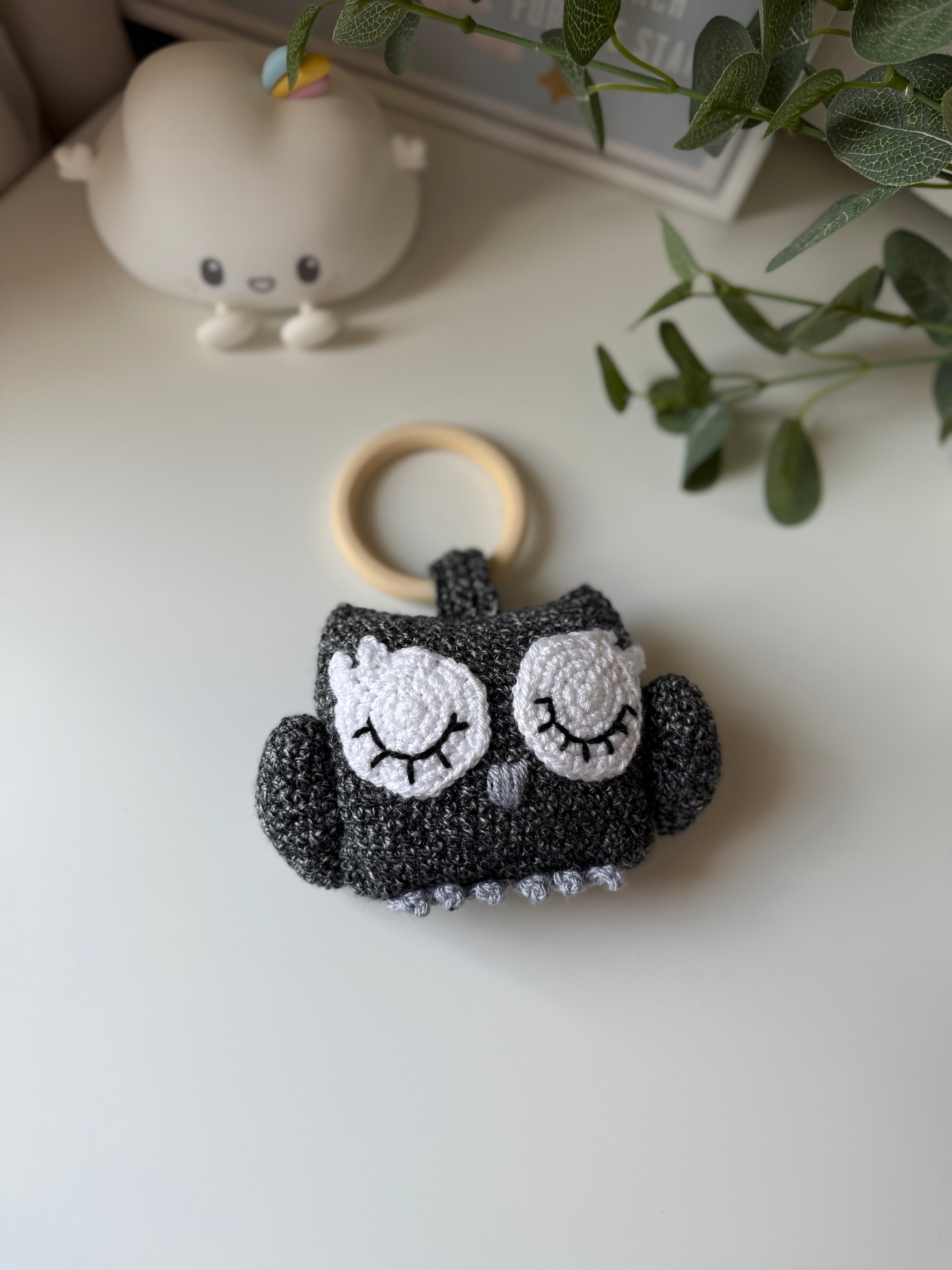 Sleepy Owl Crochet Toy with Wooden Ring